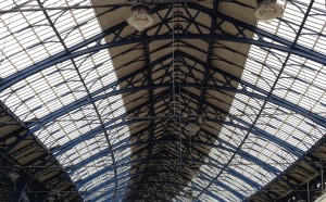 The dark spine of Brighton Station roof.