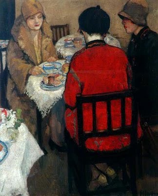 'The Tea Caddy was a new tea shop that had just been opened in High Street ... Belle's friends were already assembled and hailed her with screams of delight ... she gave a revised account of her scene with Rachel ...' The Tea Room by Mabel Layng @ The Hepworth, Wakefield