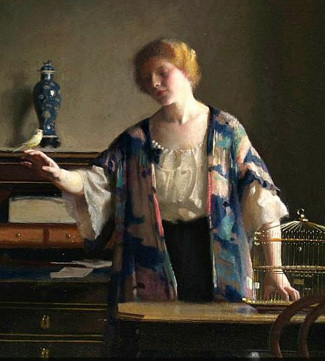 The Canary by William McGregor Paxton 1913. 'But isn't it extraordinary that under his sweet joyful little singing it was just this - sadness?'