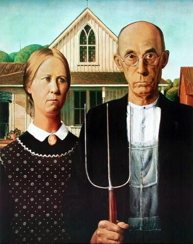 The iconic image of nineteenth century American rural life painted by Grant Wood in 1930, but these could be the sad, grim faces of Naomi and Caleb.