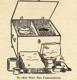 '... put the meat and vegetables, a cupful of water and seasoning in your pan; simmer for ten minutes and pop it, pan and all, in the hay box; shut the lid tightly and leave it overnight.'