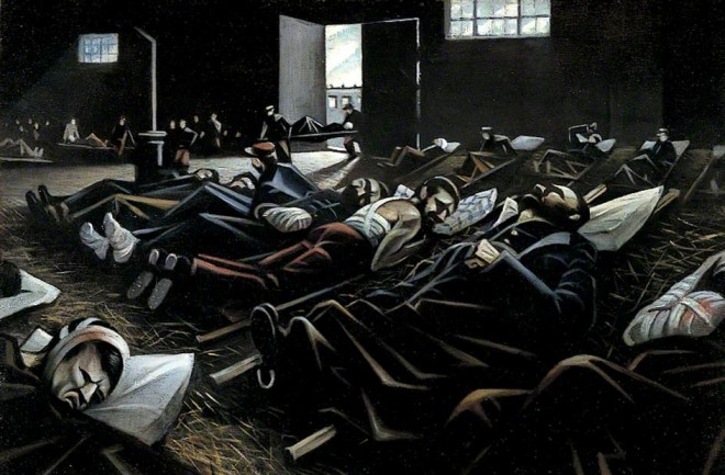  ‘.... row after row of stretchers, waiting, first for attention and then for transport’. 'La Patrie' by Christopher Nevinson. 1916. Birmingham Museums Trust 