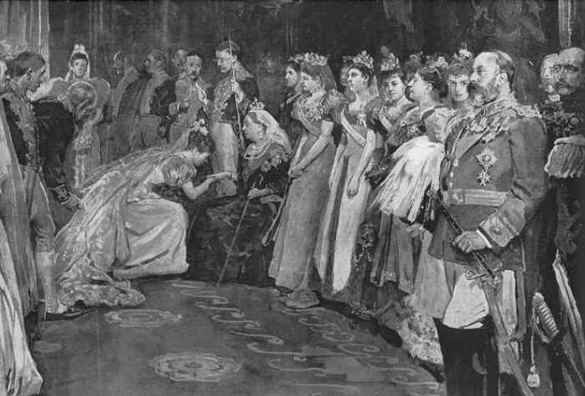 A débutante is presented to Queen Victoria