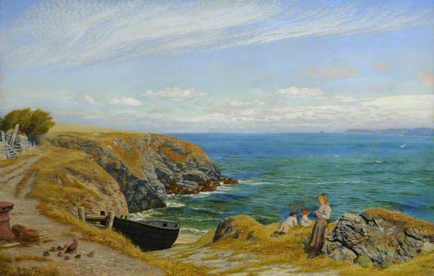 ‘Then we saw the sea. Not the tame affair that you get at the ‘sea-side’,  but a vast expanse of ultramarine and emerald, and far, far below, the roar of the breakers booming in and dashing their foam against the rocks ...’ 'Above a Cove, North Cornwall' by Arthur Hughes. 1889. 