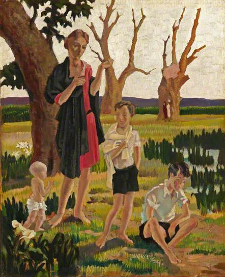 'A Mother and Three Children in a Landscape' by Harold Harvey.1929