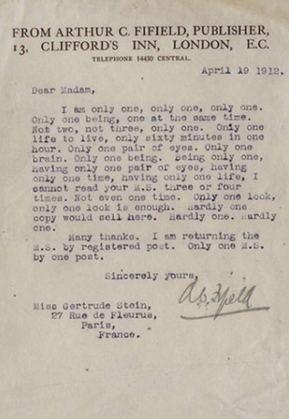 Gertrude Stein rejection letter