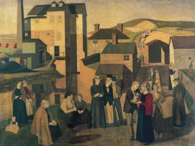 Knights, Winifred, 1899-1946; A Scene in a Village Street with Mill-Hands Conversing