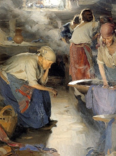 "Washerwomen"by Abram Arkhipov. ‘With her long thin arms and large hands with bulging veins, Milda looked like the washerwoman from the picture by Archipov …  She was accused of living it up in expensive restaurants … this was July 1937, when no-one cared any more whether charges bore the slightest semblance of probability.’