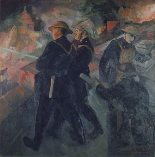 "Firemen on a Roof" 1941 by William Wright. Manchester Art Gallery