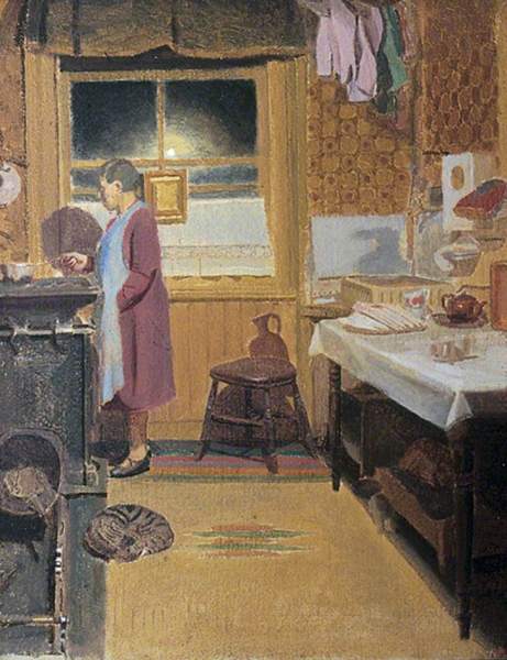 Ada's basement kitchen. "Interior with a Woman Cooking" by Archie Utin. Leeds Museums and Galleries