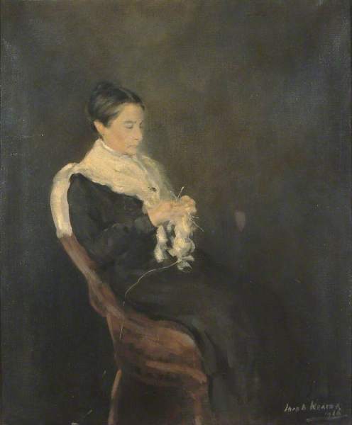 'She took up her knitting and pretended to be busy directly she saw him - brave little woman!' Mrs Florence Moser by Jacob Kramer. Manchester Art Gallery.